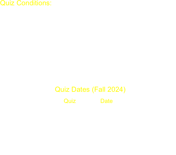 Quiz Conditions:
Exam like conditions; open text book (no notes); question(s) very much like problems in weekly problem set; material on quiz covers lecture material up to, and including, the last lecture before quiz. 

Best 5 out of 6  
All students given the option to miss one quiz regardless of reason.  No further reduction is to be granted, regardless of reason. 

                            Quiz Dates (Fall 2024)
                                       Quiz               Date   
                                          1             Sept. 20
                                          2             Oct. 4
                                          3             Oct. 11*
                                          4             Nov. 1
                                          5             Nov. 15
                                          6             Nov. 29 